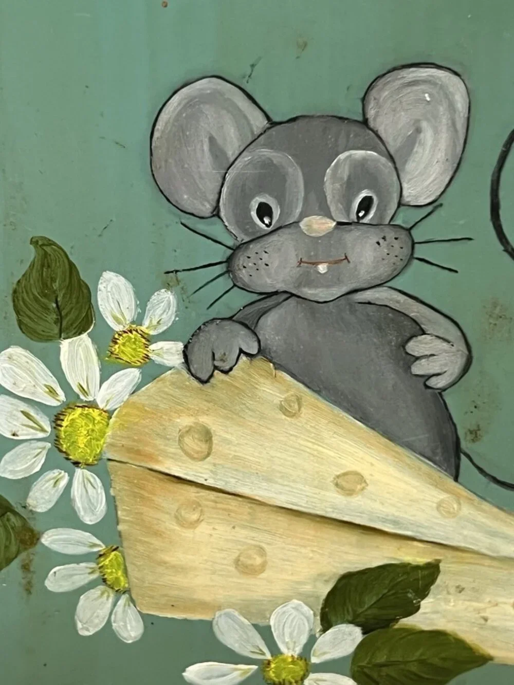Vintage Hand Painted Metal Cracker Tin Country Mouse with Cheese 9” X 4.5”